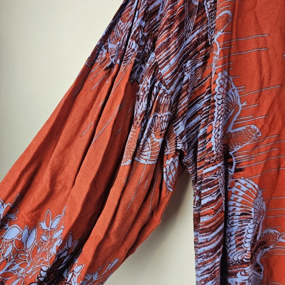 Free People Pumpkin Orange Blue Birds of a Feather Top Blouse L Oversized Boho